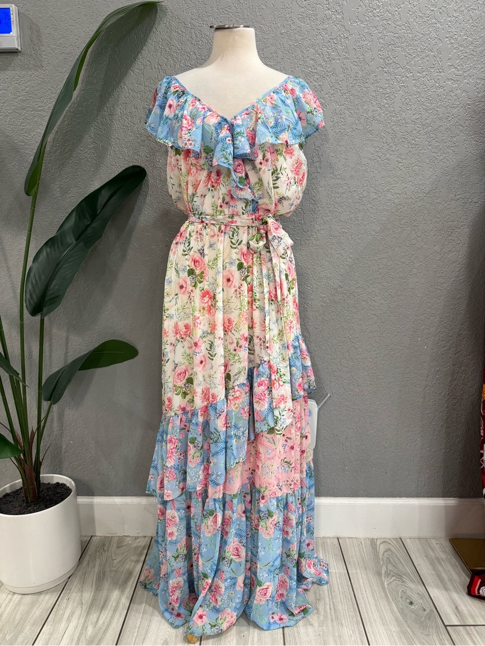 Floral Tiered Maxi Dress with Ruffle Neckline - Blue & Cream